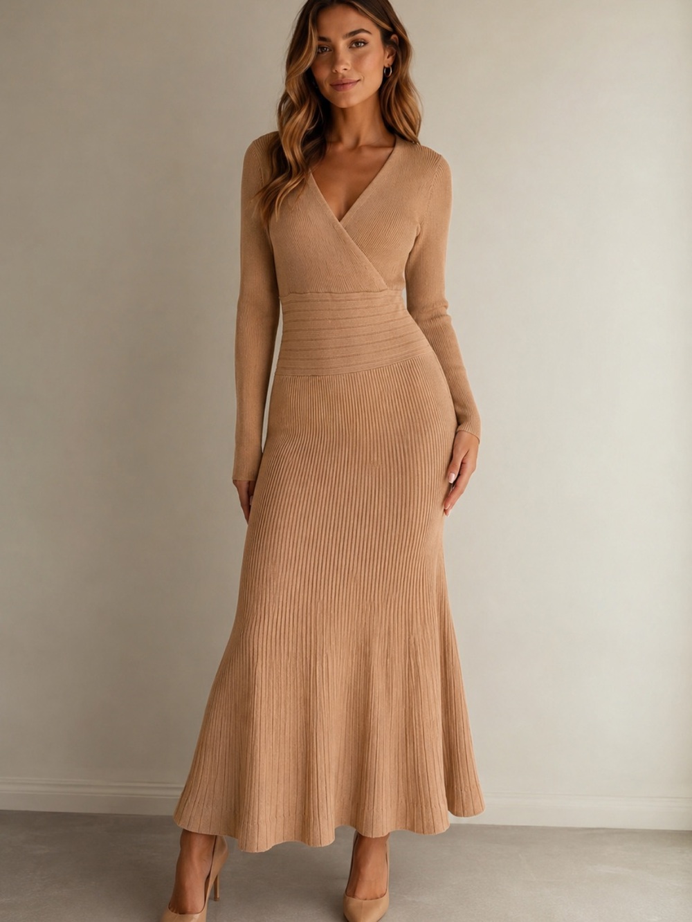 NWT Pink Diamond Ribbed Knit Midi Dress in Camel